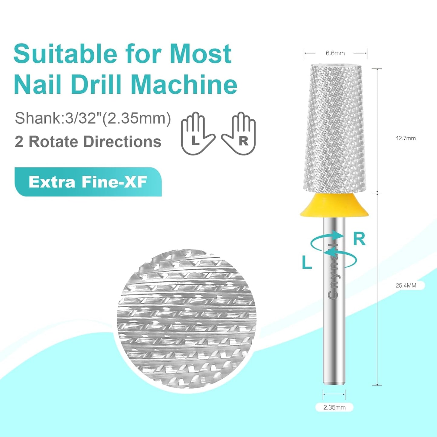 3/32" Large Tapered Barrel Flat Bit Tungsten Carbide Nail Drill Bit Safety Bit for Gel & Acrylic Removal, 2- Way Rotating Efile Tip, Salon Electric File Accessory (XF Girt, Silver)