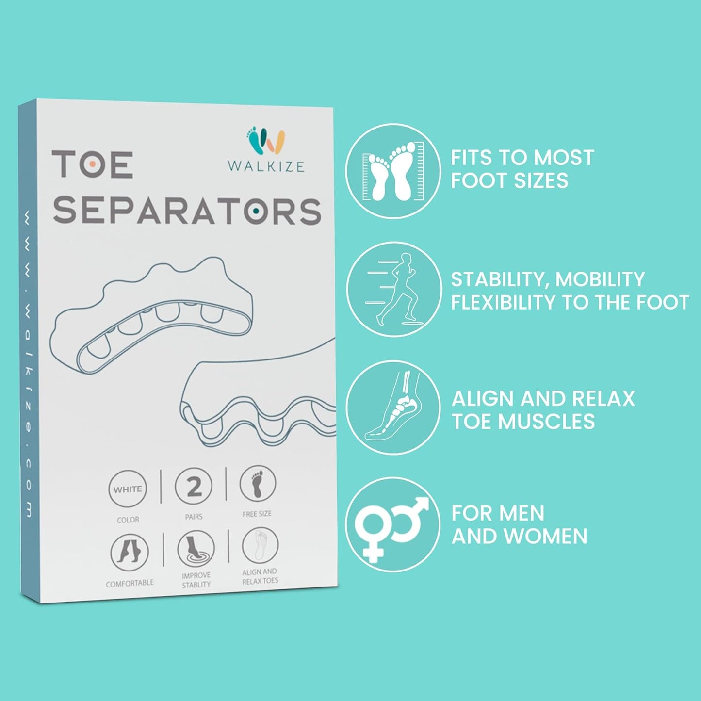 Walkize Toe Separators for Women & Men - Silicone Toe Spacers for Bunion Relief, Foot Pain Relief, Pedicure & Overlapping Toes - Comfortable Daily Wear (2 Pairs, White)