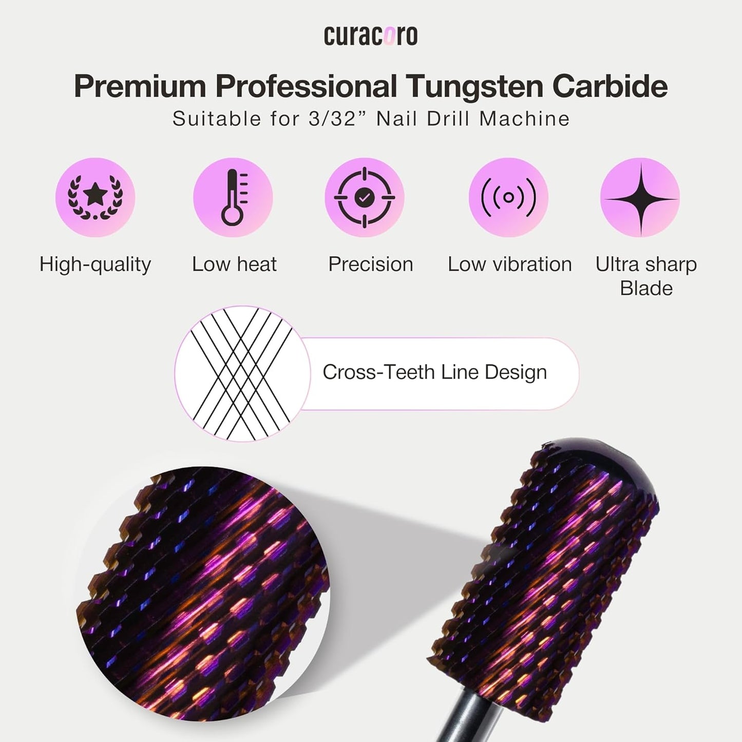 Curacoro Nail Drill Bits 3/32'' - L-Shaped Smooth Stop Barrel Carbide Bit (Coarse) for Professional Finish, Fast Remove, Shape & Smooth Acrylic or Gel Nails, Nail Art Pedicure Manicure Salon & Home