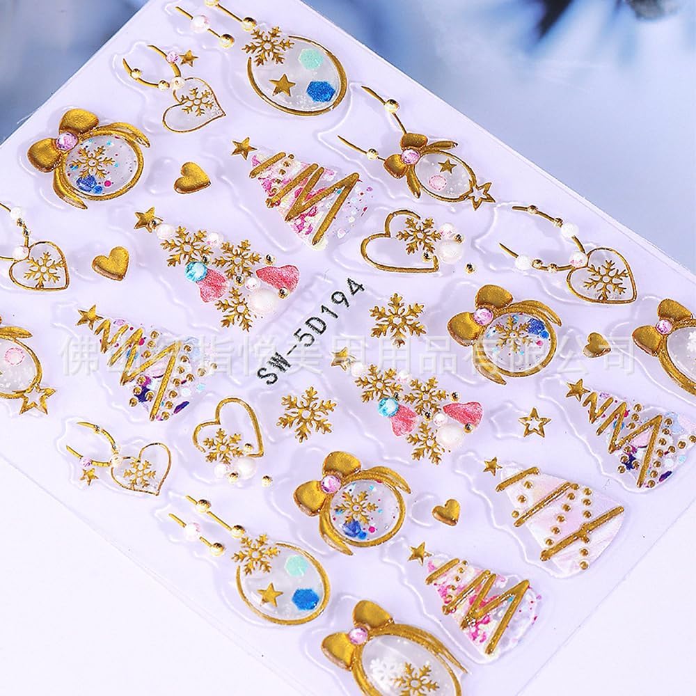Christmas Nail Stickers 5D Bow Christmas Tree Lantern Ball Nail Art Stickers Winter Embossed Nail Decals Self-Adhesive Xmas Heart Elk Design Sticker Holiday Nail Art Decoration for Women Manicure 3Pcs