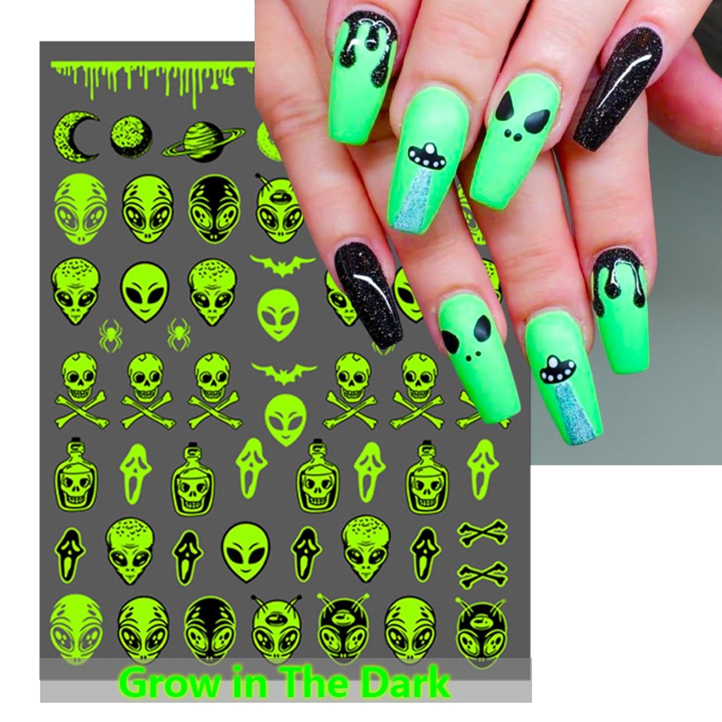 Alien Nail Art Stickers - Glow in The Dark ET UFO Astronaut Rocket Design Self-Adhesive Nail Decals for DIY Extraterrestrial Space Moon Star Manicure (6 Sheets)