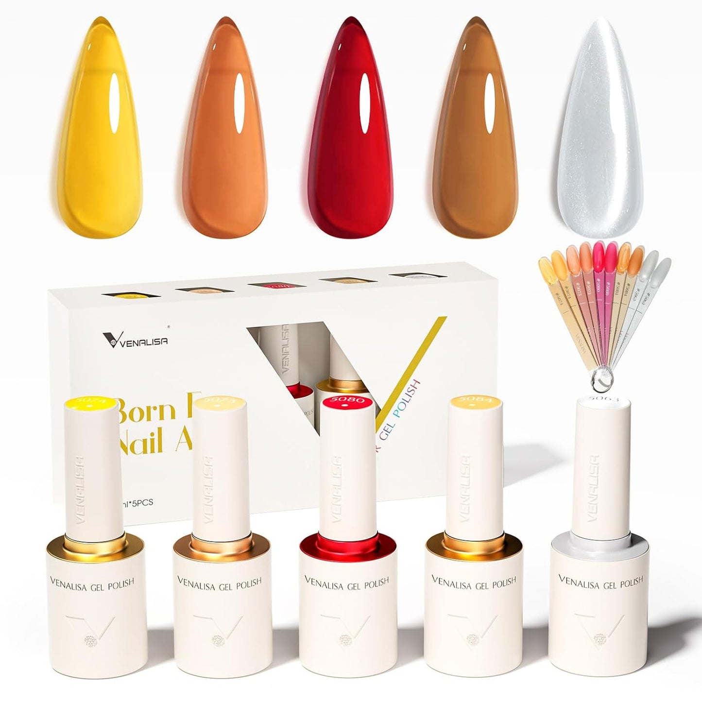 VENALISA Gel Nail Polish Set, 5 Colors 10ML Gel Polish Kit Jelly Color Brown Yellow Orange Red Cat Eye Glitter Soak Off Salon Manicure DIY at Home Nail Art For Girls Women