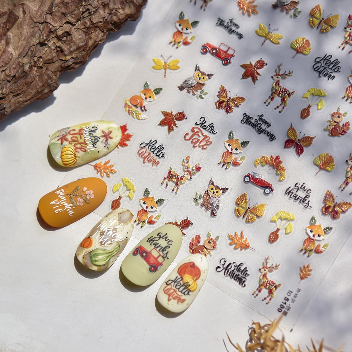 Fall 5D Embossed Nail Art Stickers Decals Thanksgiving Nail Decals Cute Squirrel Owl Butterfly Dragonfly Design Nails Art Supplies Self-Adhesive Autumn Leaves Nails Stickers for Women Manicure Decor