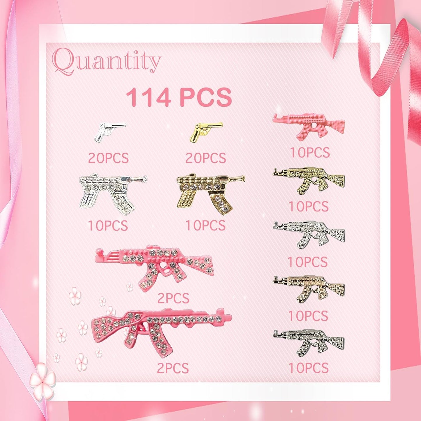 114PCS Gun 3D Nail Charms for Acrylic Nails, Gold Silver Alloy Nail Gems Small Pistol Machine Gun Nail Accessories, Nail Rhinestones for Nail Art Supplies Manicure Craft DIY