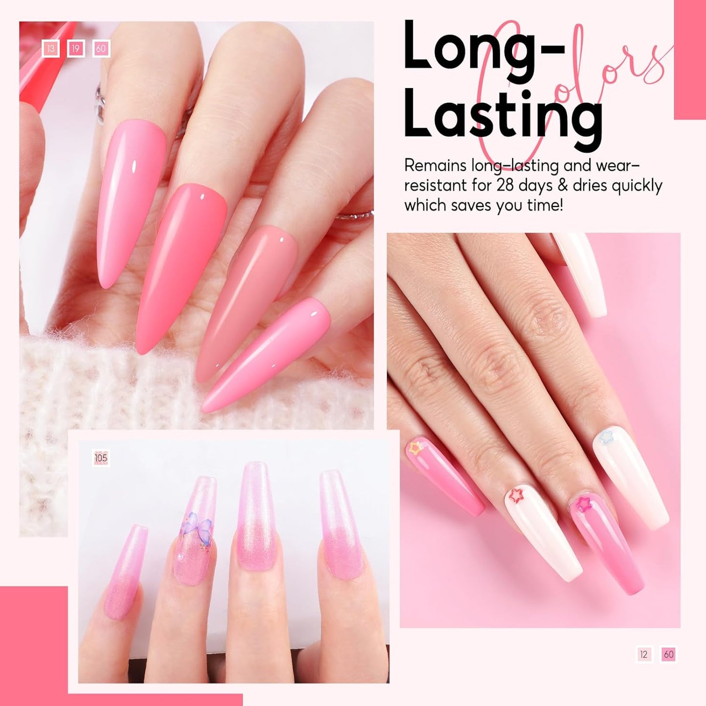 PEACECOLOR Pink Gel Nail Polish Set, 6 Colors 10ML Gel Polish Starter Kit Pink White Glitter Collection Soak Off Gel Manicure Set for Nail Art Home Salon