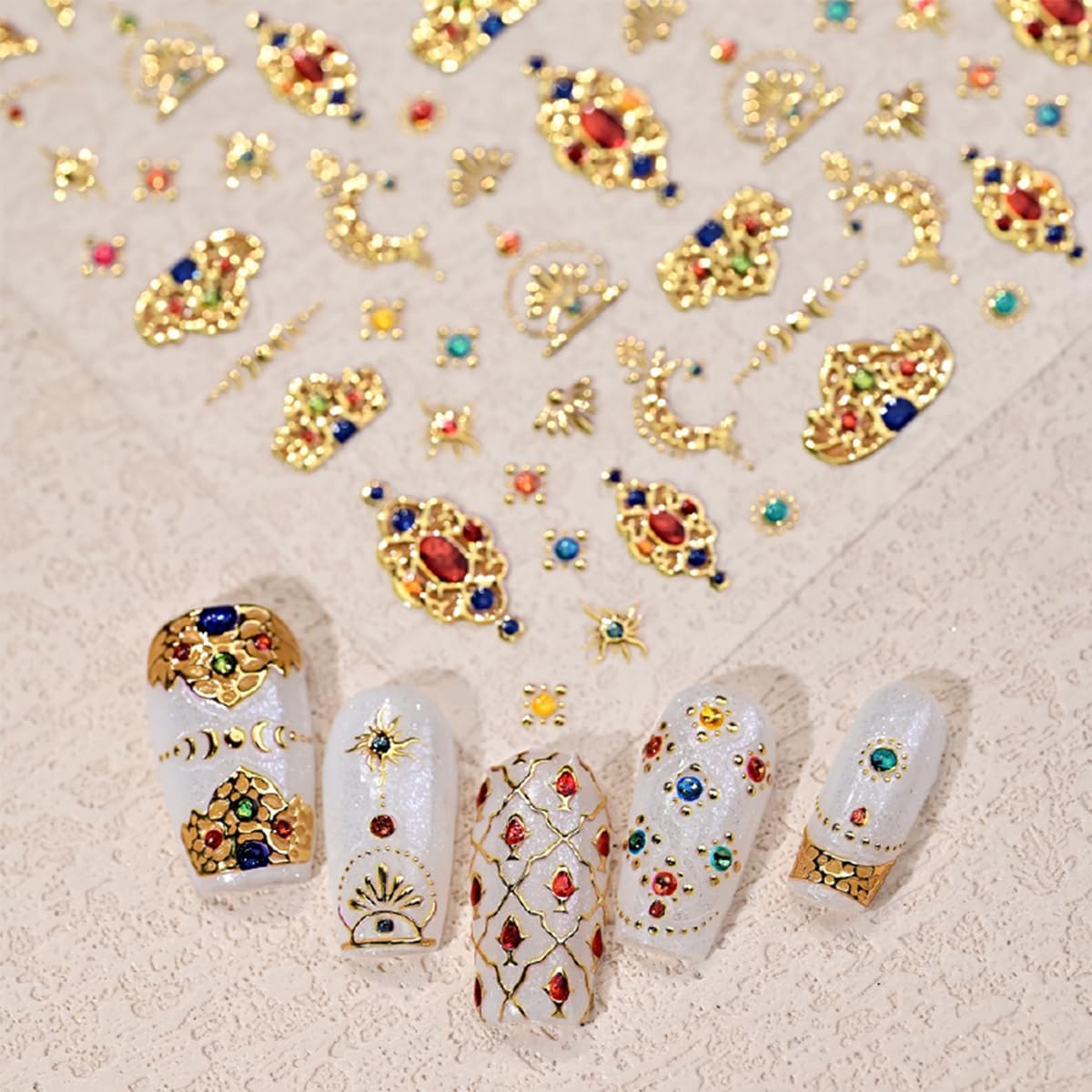 Gold Nail Stickers for Nail Art Self-Adhesive Bohemia Totem Vintage Luxury Nails Design 5D Nail Art Stickers Gold Colorful Diamond Nail Decals for Women Nail Supplies Accessories 1Sheets