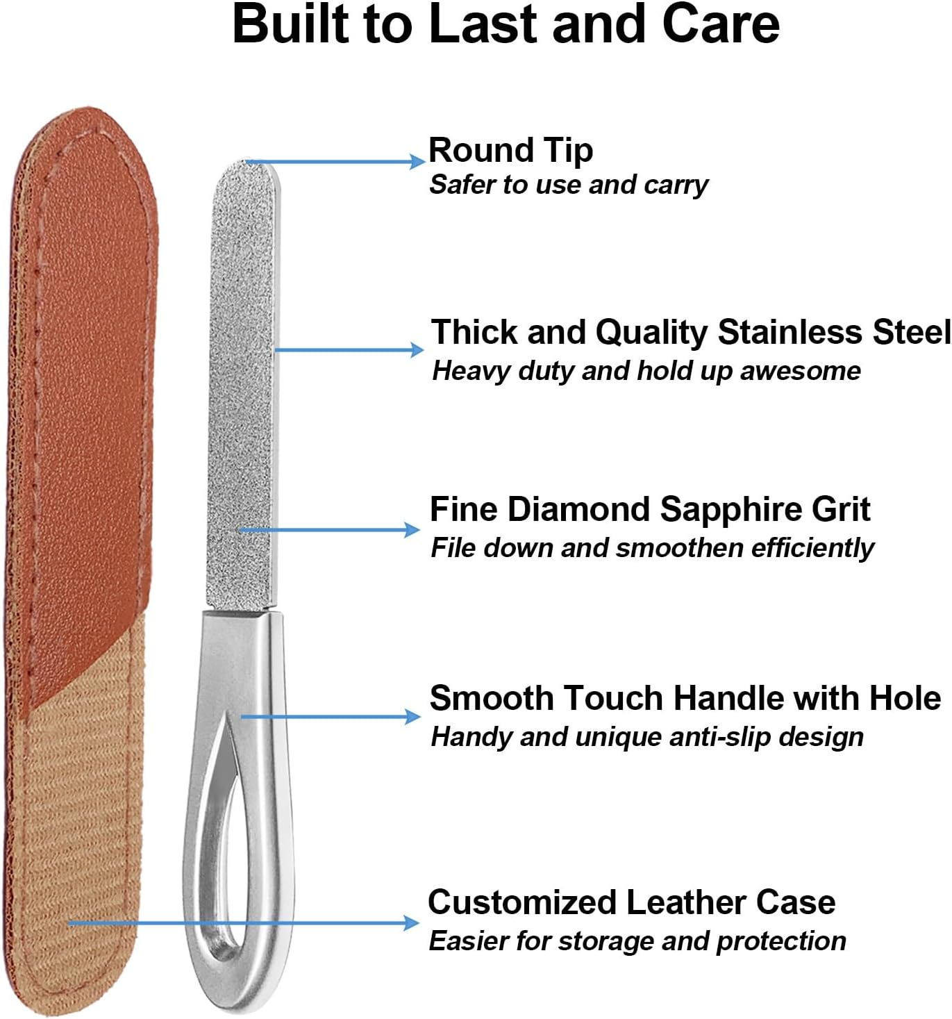 Metal Nail File with Case, 2 Pack Nail Files for Natural Nails, Fingernail Files Diamond Round Tip Stainless Steel Double Sided Fine Grit Sapphire Filer with Sheath Leather Cases Travel Silver Brown