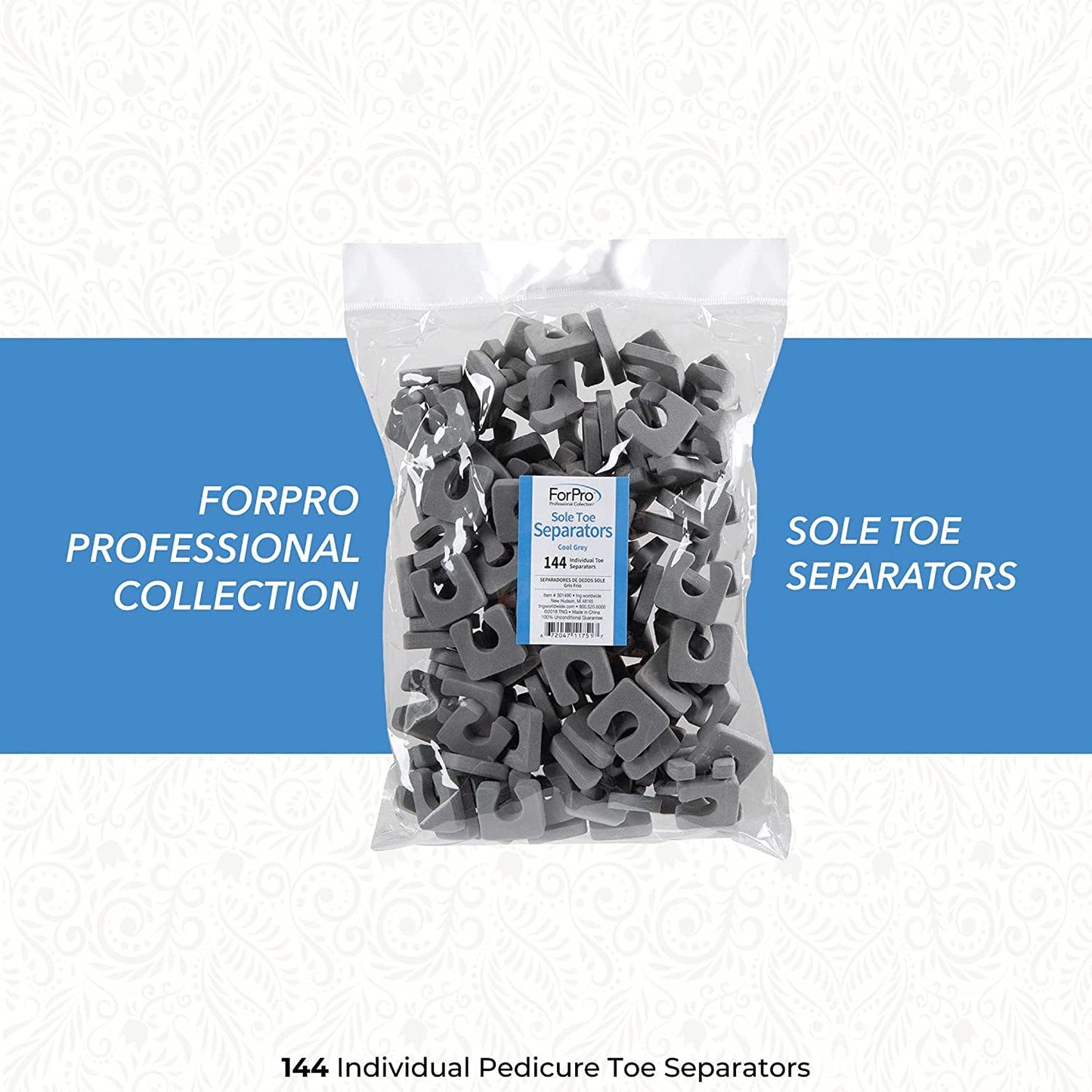 ForPro Professional Collection Sole Toe, Luxurious Foam, Individual Toe Separators for Pedicures, Cool Grey, 144-Count