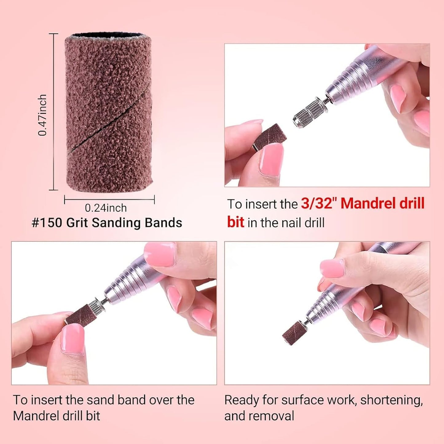 MelodySusie 100 Pcs Nail Drill Bits Sanding Bands for Nail Drill 150 Medium Grit Nail File Sanding Bands for Acrylic Nails Gel Manicures and Pedicure