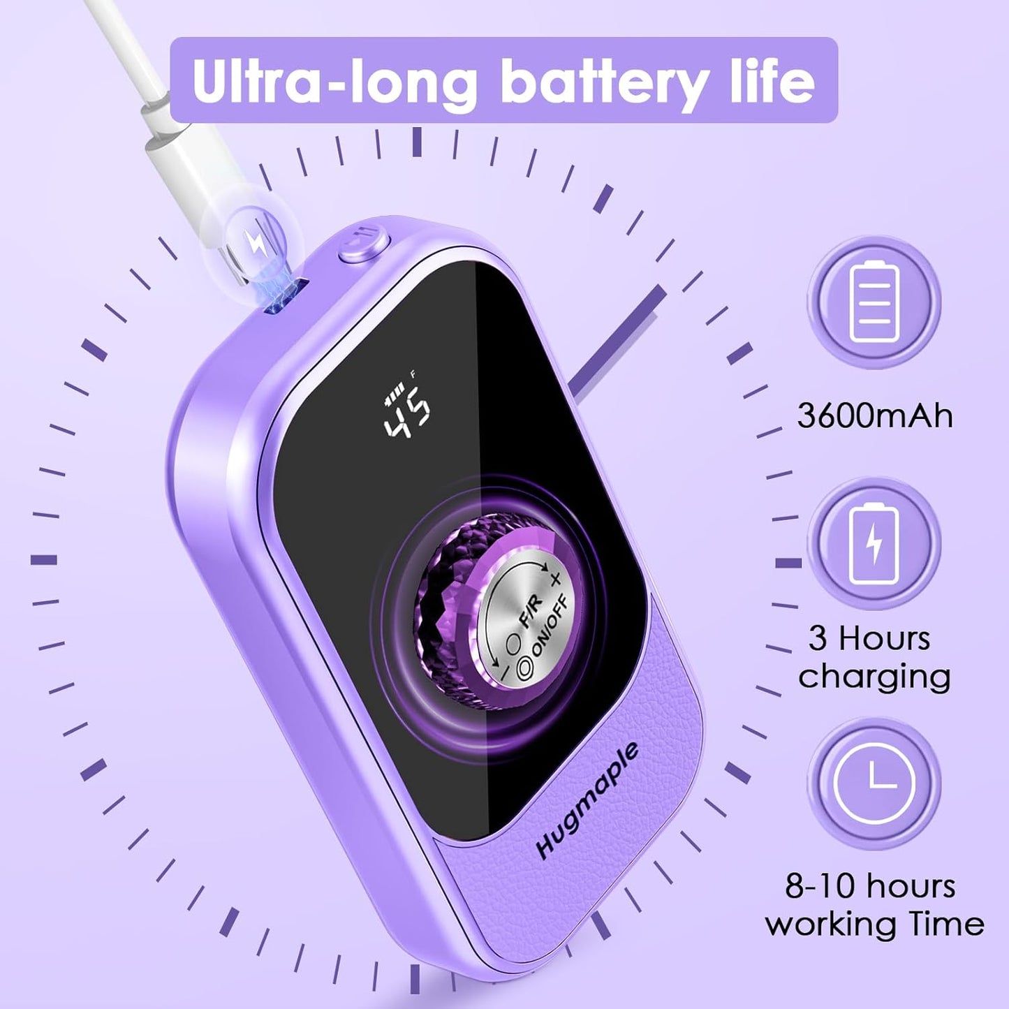 Professional Electric Nail Drill File, HUGMAPLE 45000RPM Portable E-File Machine with Bits & Base, Cordless Rechargeable Nail Drill Kit for Shaping, Removing & Polishing Gel Nails Salon Home (Purple)