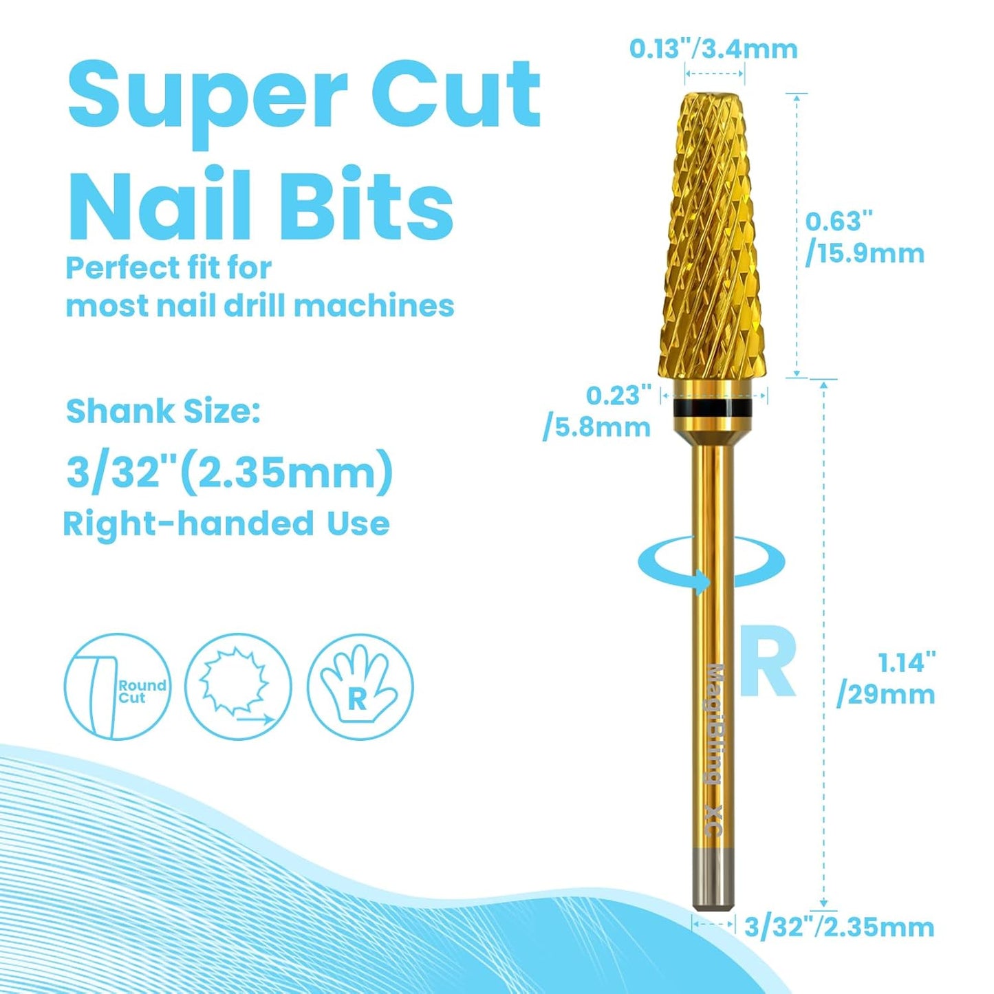 Super Cut 5 In 1 Nail Drill Bits，Tapered 3/32'' Safety Tungsten Bits, Upward Cut for Hard Gel Removal, Right Hand Use, Manicure Cuticle Gel Polishing, Technicians Bits, Gold, Extra Coarse.