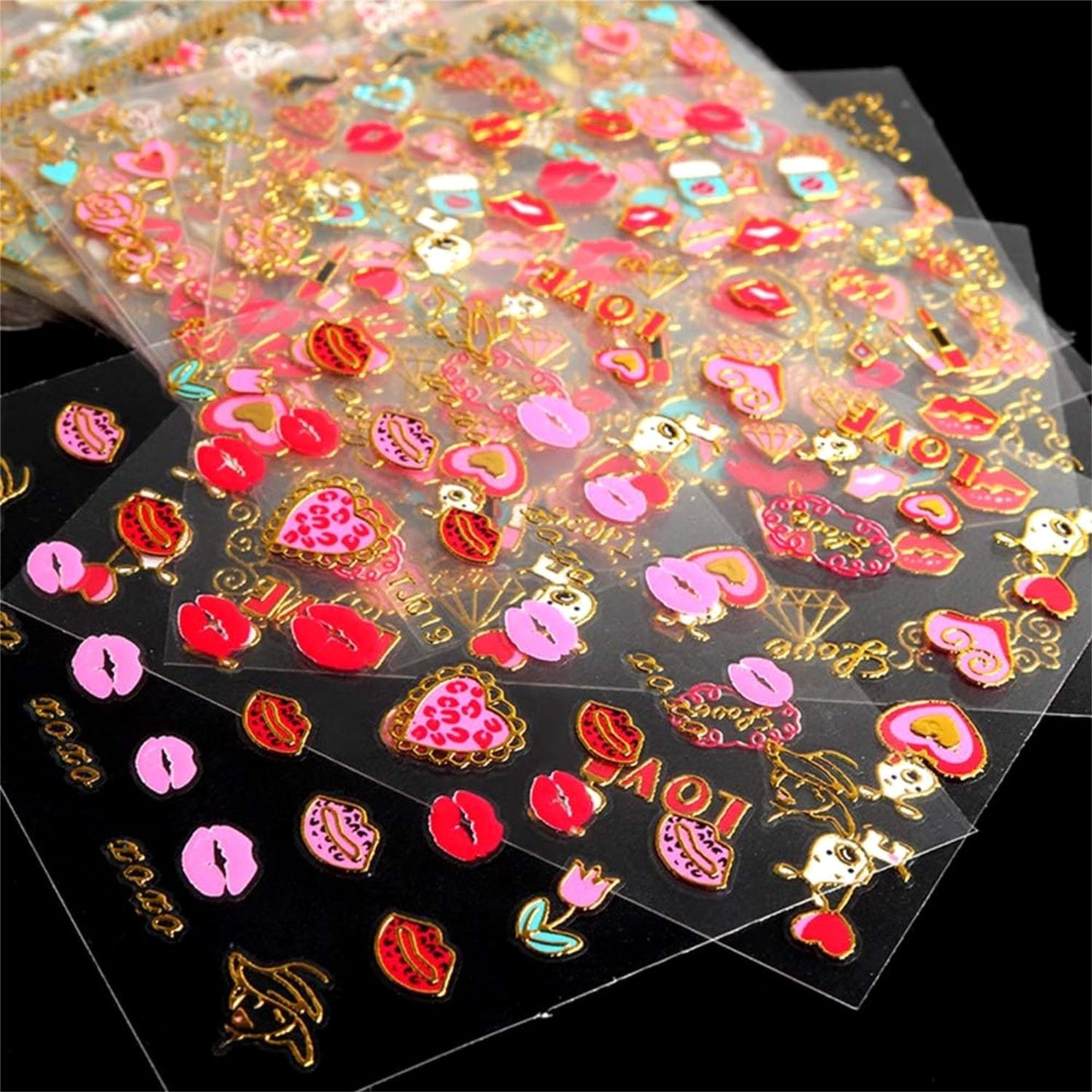 30 Sheets Valentine Nail Stickers: 3D Self-Adhesive Red Heart Designs, Rose Lip Bow, Valentine Decals & Supplies