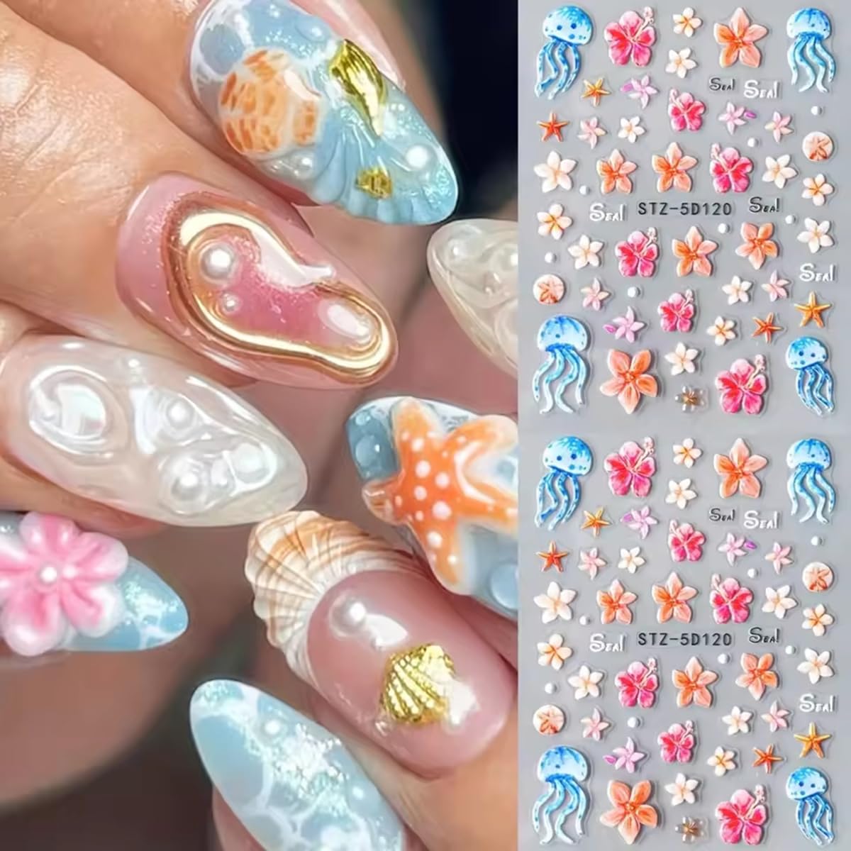 Summer Flower Nail Art Stickers Decals Jellyfish 5D Embossed Nail Decals 2PCS Flowers Starfish Jelly Design Summer Nails Adhesive Sliders Flower Sticker for Nails Women DIY Manicure Decorations Supply