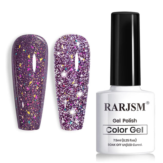 RARJSM Dark Purple Reflective Glitter Gel Nail Polish Holographic Rainbow Iridescent Sparkle Flash Diamond Shimmer LED UV Soak Off Gelpolish Nail Art Manicure Salon DIY at Home 1pcs 7.5ml