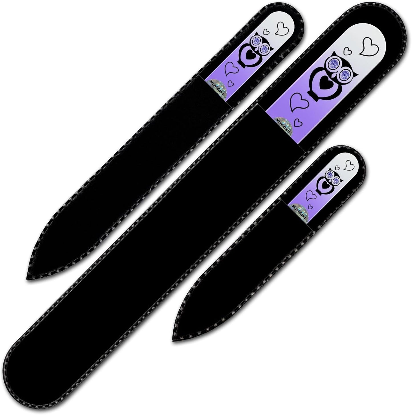Mont Bleu Set of 3 Owls Crystal Nail Files hand decorated with crystals - Handmade - Czech Tempered Glass