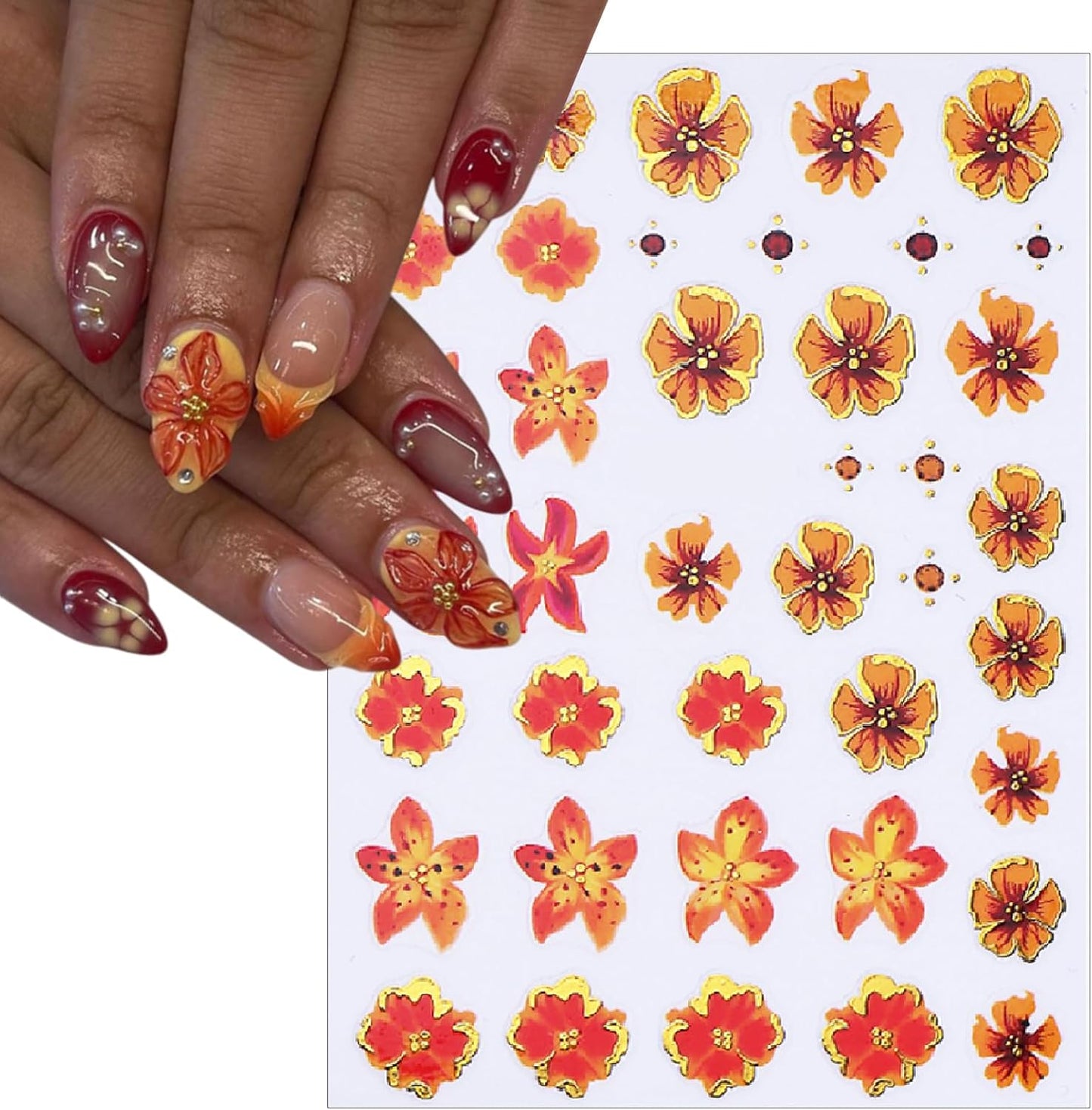 Hawaiian Flowers Nail Stickers 5D Embossed Lily Flower Stickers for Nails Hibiscus Floral Decals Leopard Floral Nail Design Pegatinas para Uñas for Women Girls DIY Manicure Decorations 4 Sheet