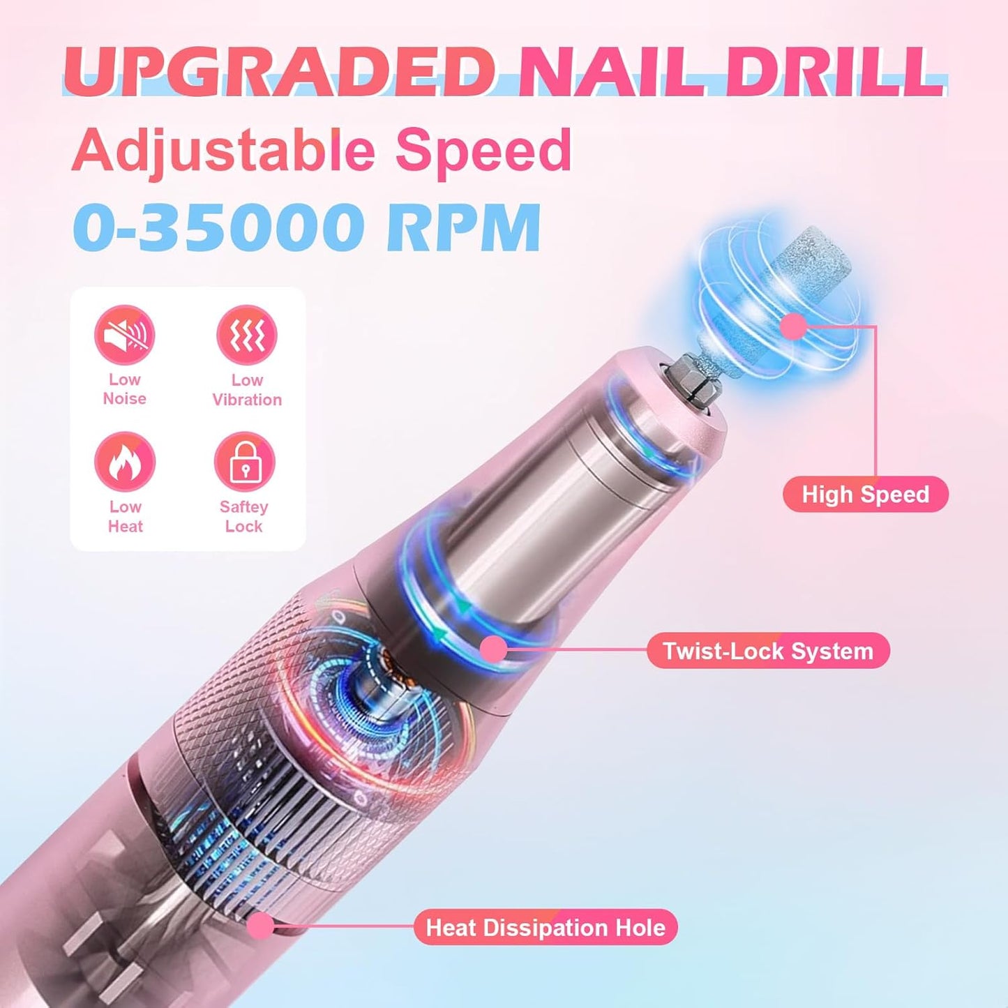Nail Drill Professional, 35000 RPM Cordless for Acrylic Nails, Electric Nail Drill Machine with Bits, Portable Rechargeable Nail File Manicure for Salon & Home (Multicolor)