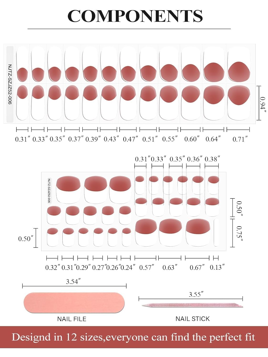 EBANKU 52Pcs Semi-Cured Gel Strips for Toes, Real Polish Sticker, Long-Lasting French Manicure Stickers, Salon Nails at Home, Requires UV Light With Nail File & Stick