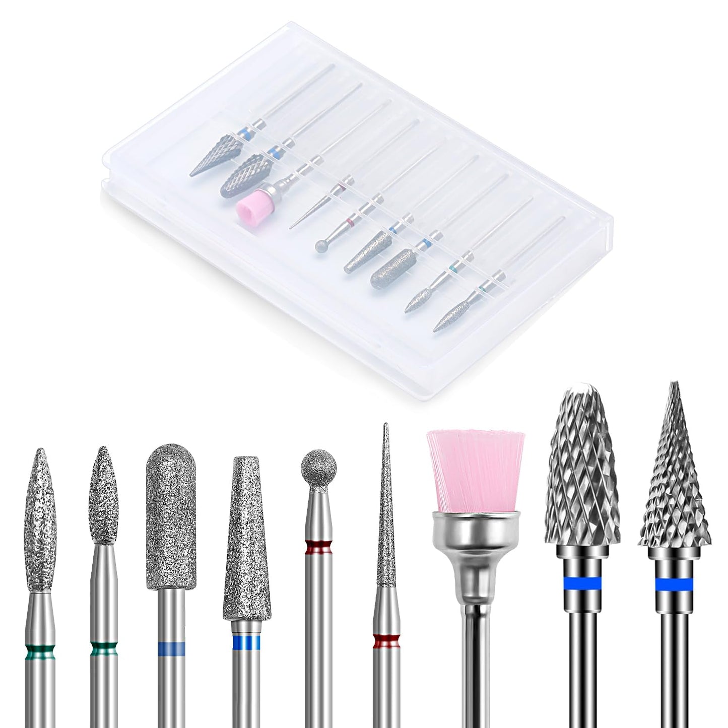 Nail Drill Bits Set, 9PCS Cuticle Cleaner & Carbide Bits for Acrylic Nails, Manicure Pedicure Remover Tools, Professional Nail Salon Supplies, fresas para drill nails - 3/32" Shank