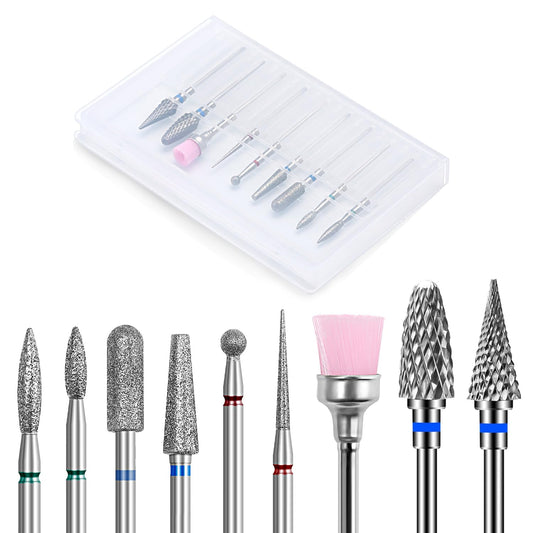 Nail Drill Bits Set, 9PCS Cuticle Cleaner & Carbide Bits for Acrylic Nails, Manicure Pedicure Remover Tools, Professional Nail Salon Supplies, fresas para drill nails - 3/32" Shank