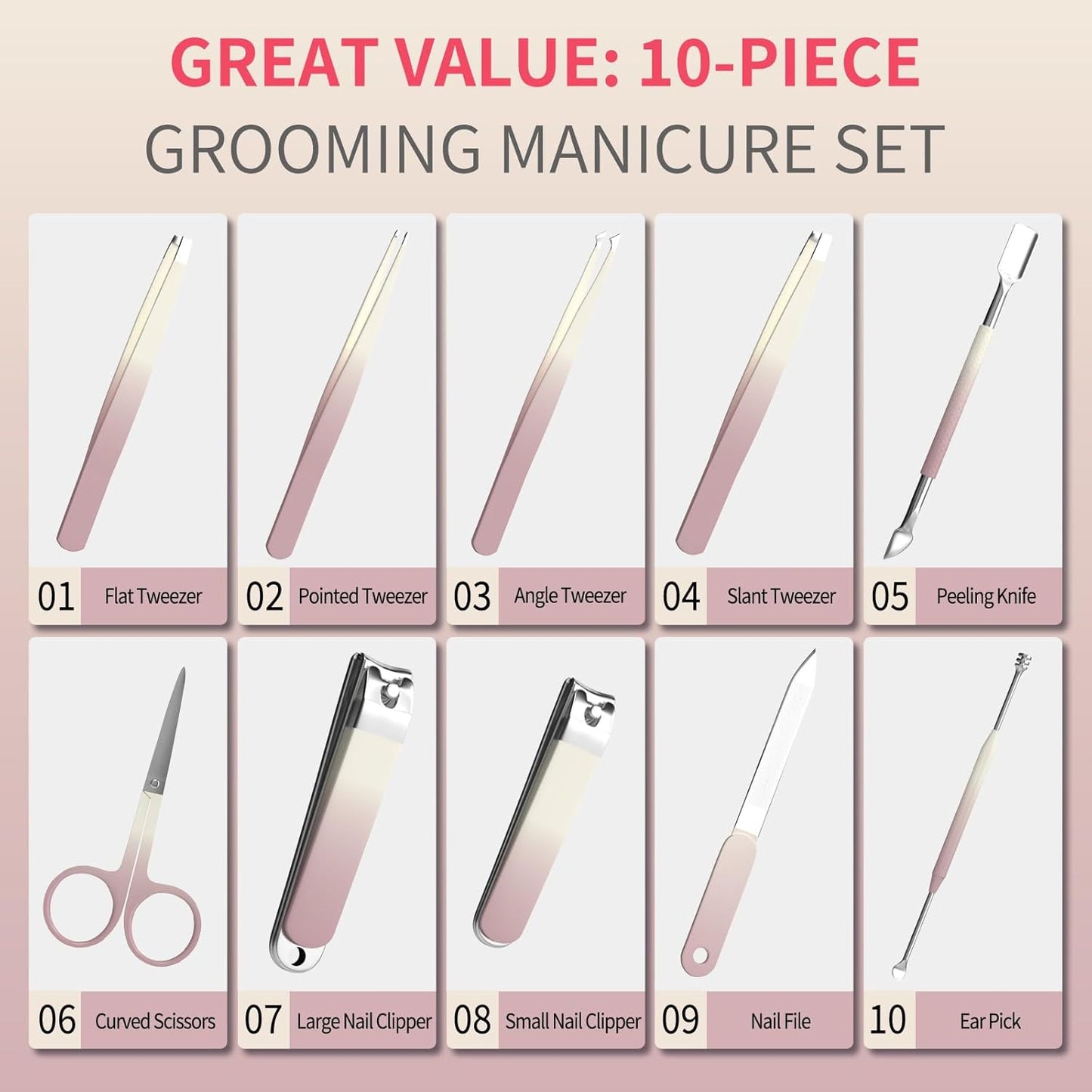 Manicure Set 10 in 1 Stainless Steel Nail Clippers Scissors Tweezers Grooming Kit with Travel Case (Pink)