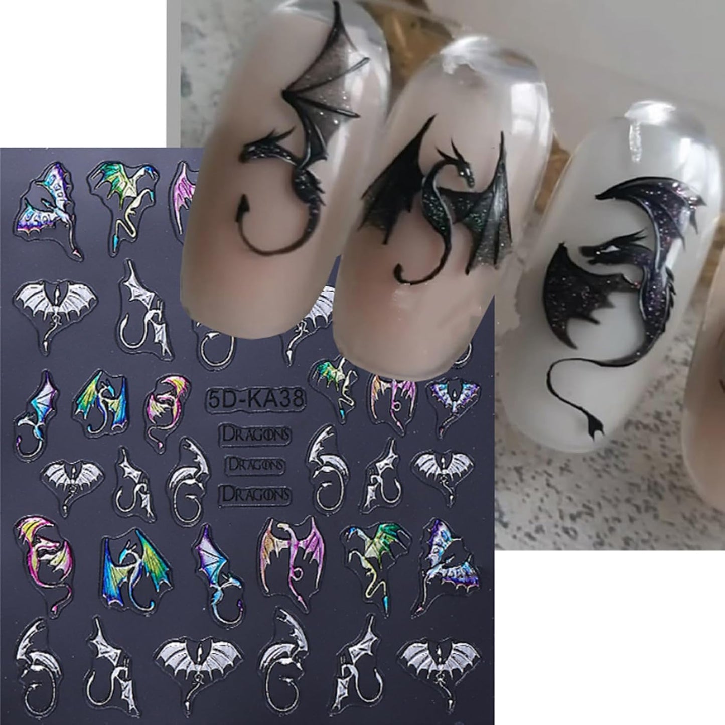 Halloween Bat Nail Art Stickers 5D Embossed Colorful Silver Bats Dragon Nail Decals Self-Adhesive Laser Gothic Dragons Nail Designs Manicure Sliders Halloween Nail Supplies for Women Nail Decor, 2PCS