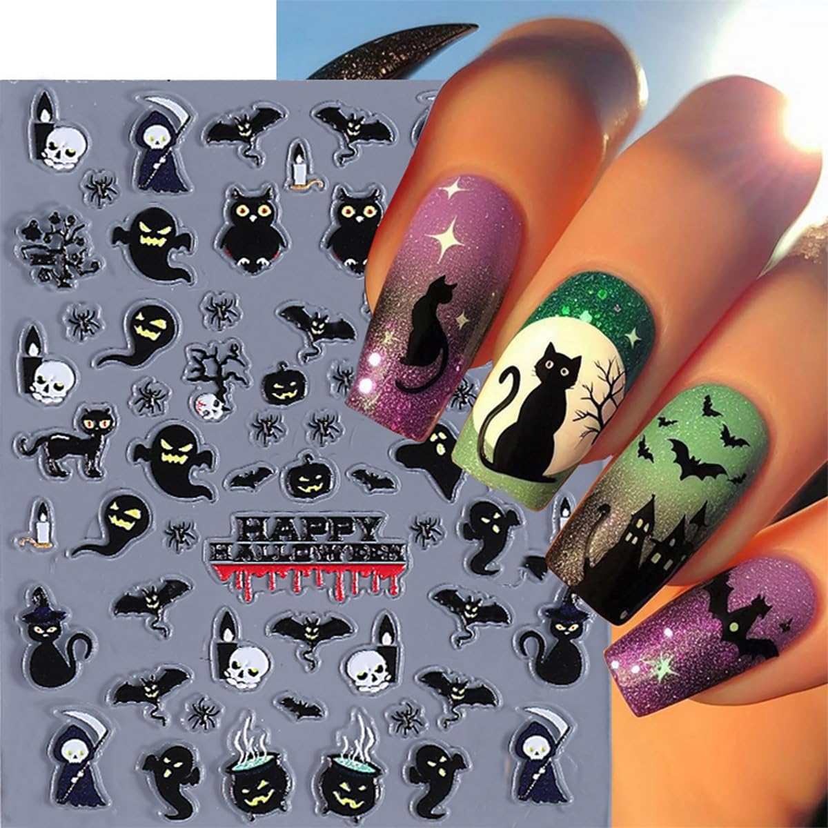 3 Sheets 5D Embossed Halloween Cat Nail Stickers for Nail Art Self Adhesive Cat Cute Ghost Nail Decals Spooky Spider Web Pumpkin Bandage Nail Designs Stickers Holiday Nails Supply for Women Manicure