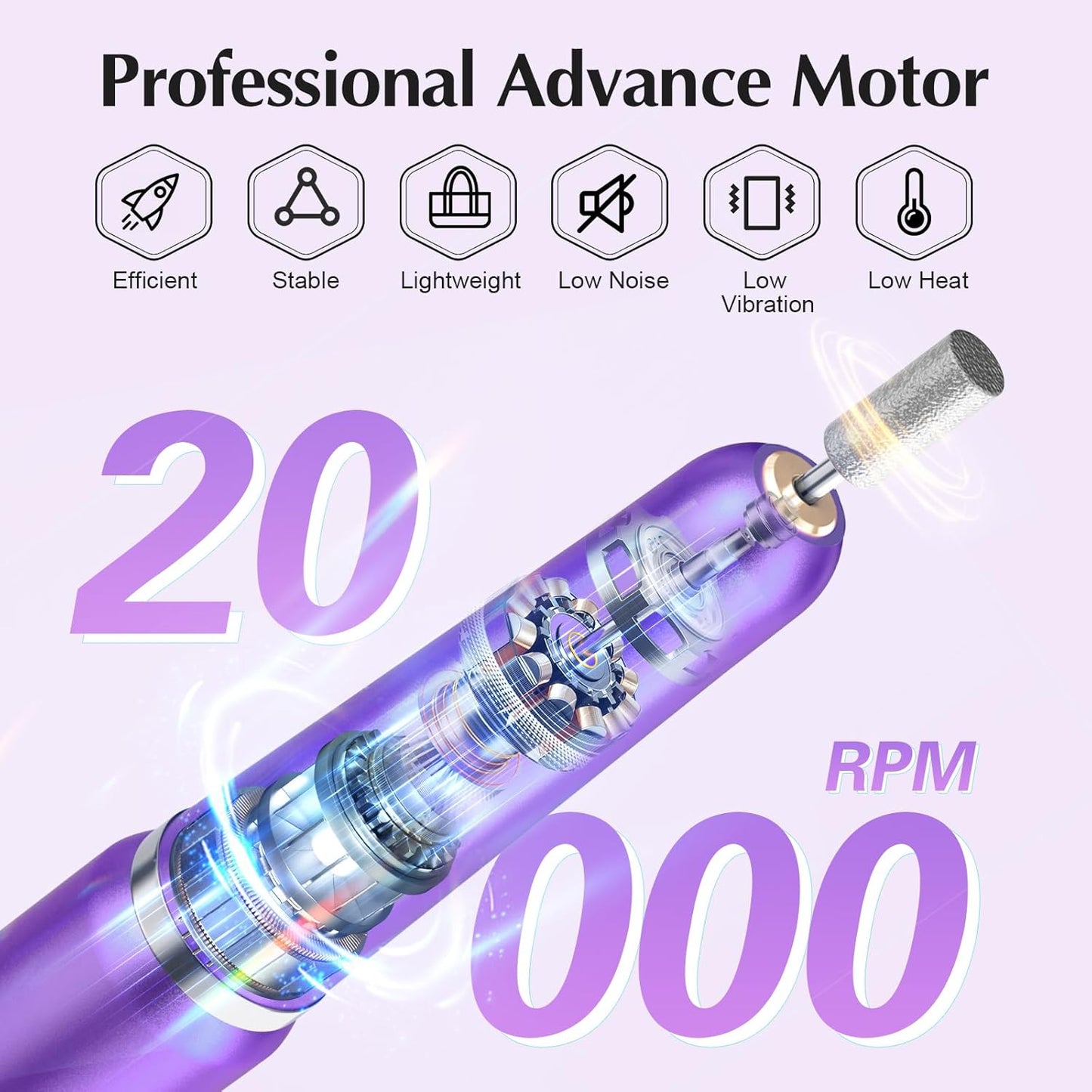 JIASHENG USB Electric Nail Drill, Portable Electric Nail File for Acrylic Gel Nails,Nail Drill Kit Manicure and Pedicure Kit with Nail Bits for Home and Salon Use,Dark Purple