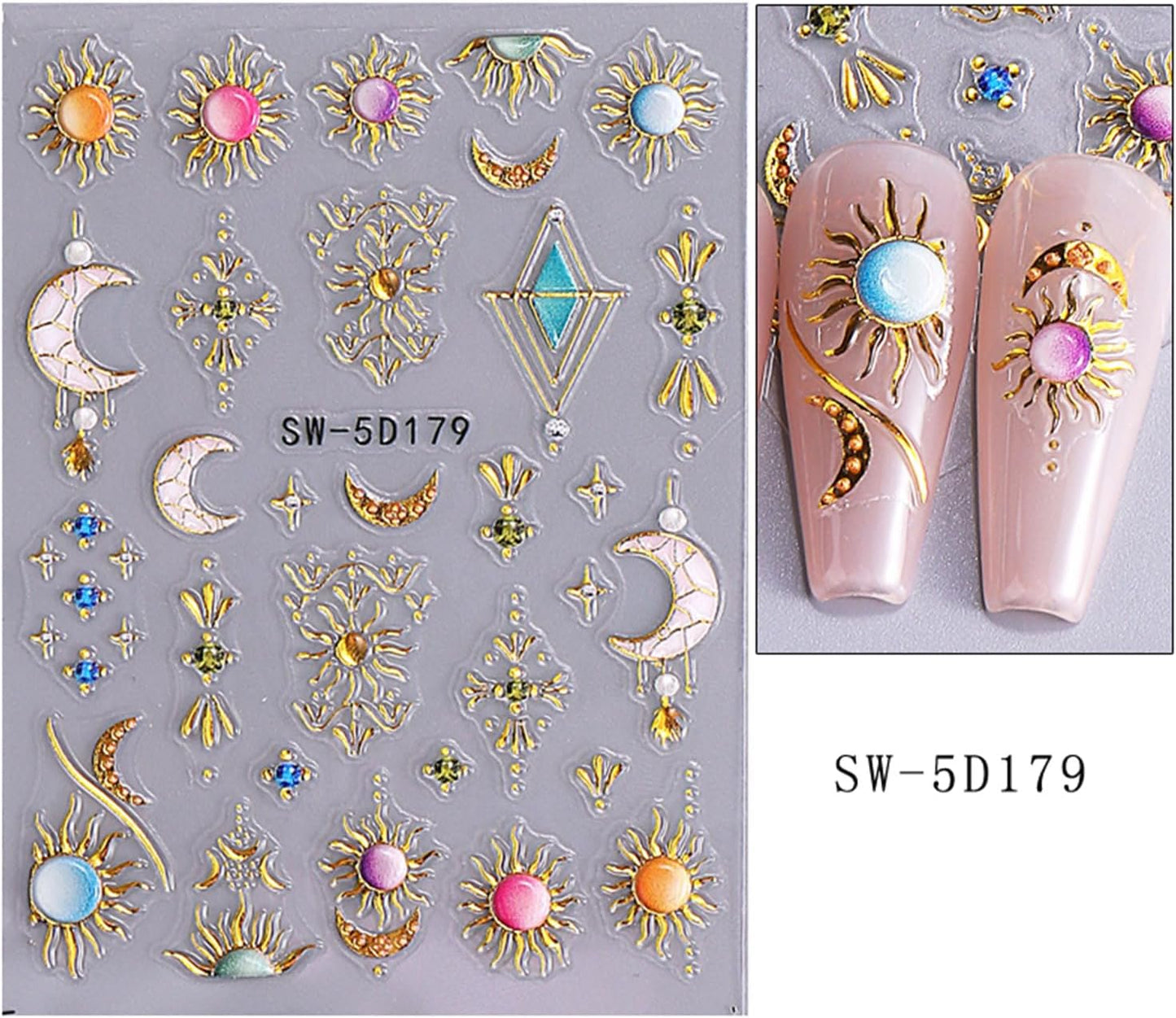 2 Sheets 5D Embossed Star Moon Nail Art Stickers Sun Rhinestones Nail Stickers Designs Nail Decals Supplies Self Adhesive Nails Sticker for Women DIY Acrylic Nail Accessories