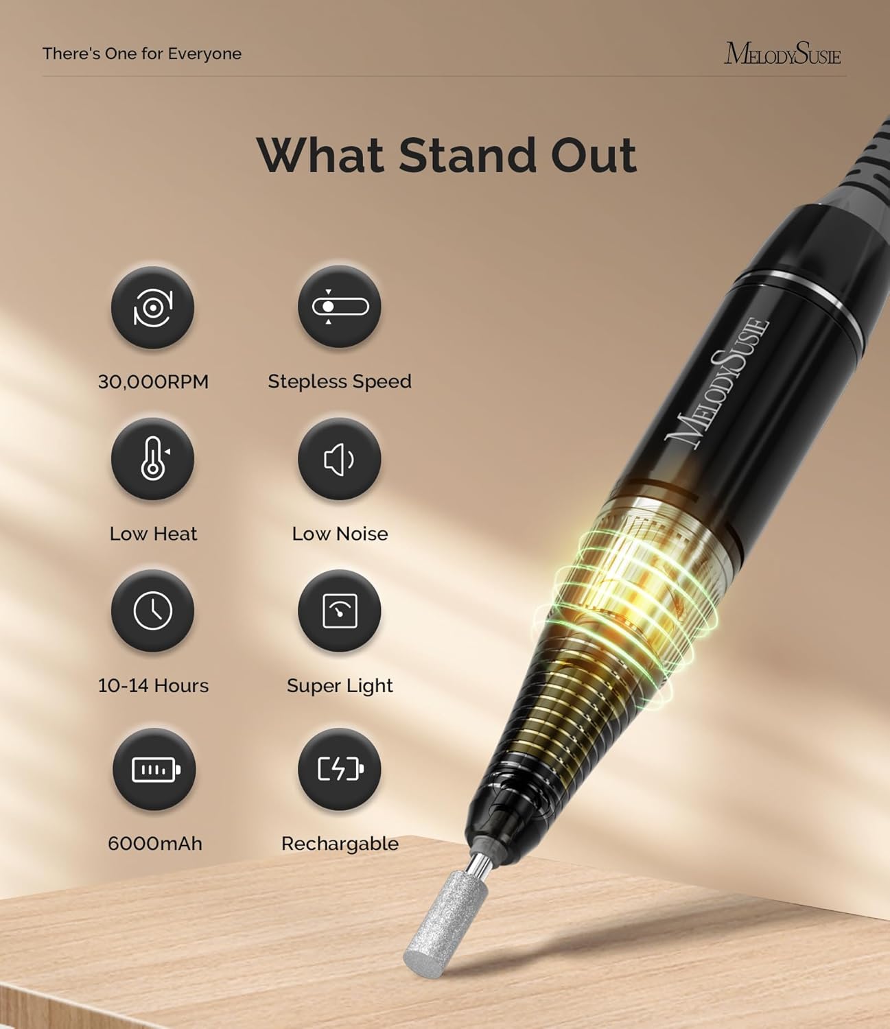 MelodySusie Professional Nail Drill 30000RPM, SC320D Rechargeable Electric Nail Drill Machine, Cordless Nail E File for Acrylic Gel Nails, 8pcs Nail Bits 106pcs Sanding Bands, Selene Black