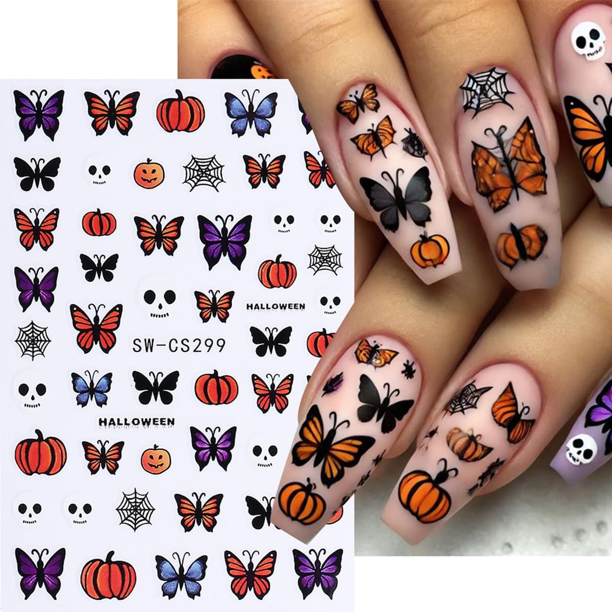 Halloween Nail Art Stickers Decals Skull Bat 3D Self-Adhesive Nail Decals Nail Art Supplies 6PCS Spider Web Butterfly Pumpkin Halloween Nails Design Manicure Sliders for Women DIY Nail Decorations