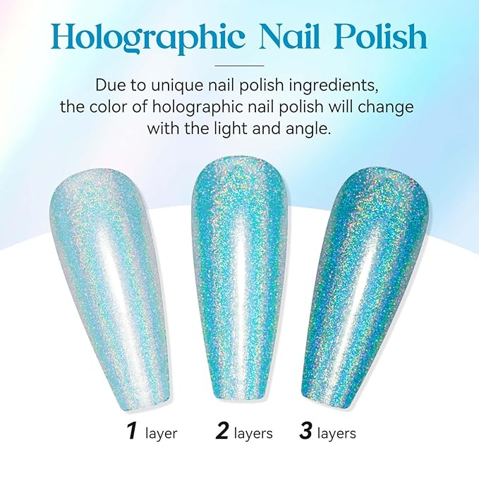 MIZHSE Holographic Nail Polish, Blue Glitter Nail Polish Air Dry Fast, 15ml/0.5 fl oz High Glossy Shiny Shimmery Nail PigmentLaser Oil-based Iridescent Chrome Halo Nail Art Salon Manicure at Home