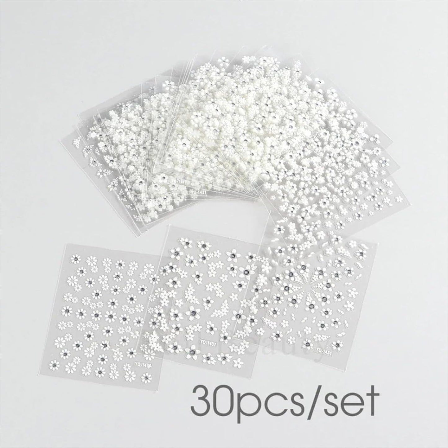 30 Sheets White Flower Nail Art Stickers with Rhinestones Designs - 3D Self Adhesive Nail Decals for Women & Girls