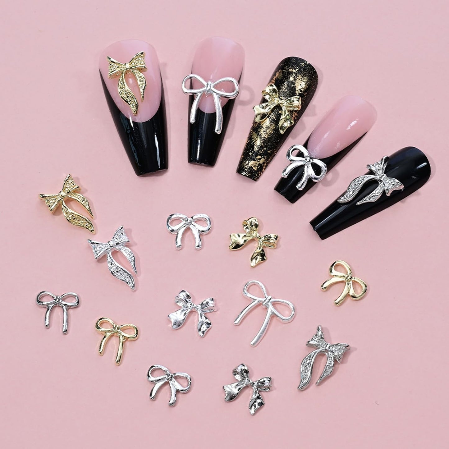 96Pcs/Box 3D Metal Bow Nail Art Charm Gold/Silver Alloy Bows Nail Charm for Nails Art 3D Alloy Bow Tie Jewelry Nail Rhinestone Kawaii Nail Crafts Decor DIY Accessories Manicure Designs Supplies