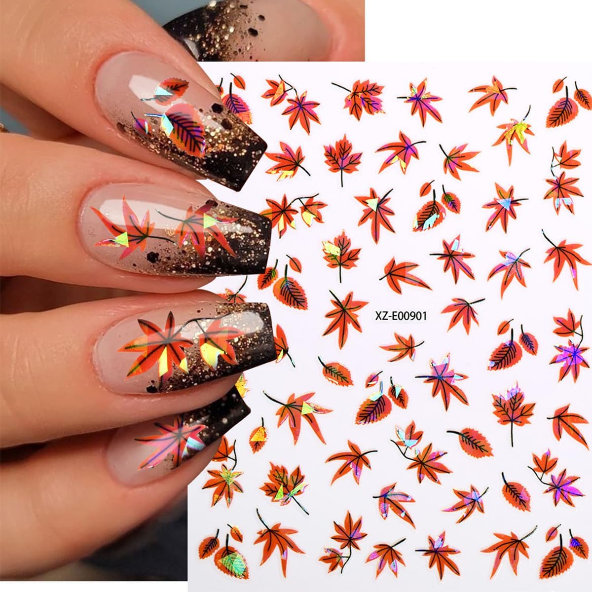 12Sheets Autumn Maple Leaves Nail Stickers 3D Self-Adhesive Fall Nail Art Stickers Gold Yellow Pumpkins Ginkgo Leaf Nails Design Decal Thanksgiving Day Nail Art Decoration for Women DIY Nail Supplies