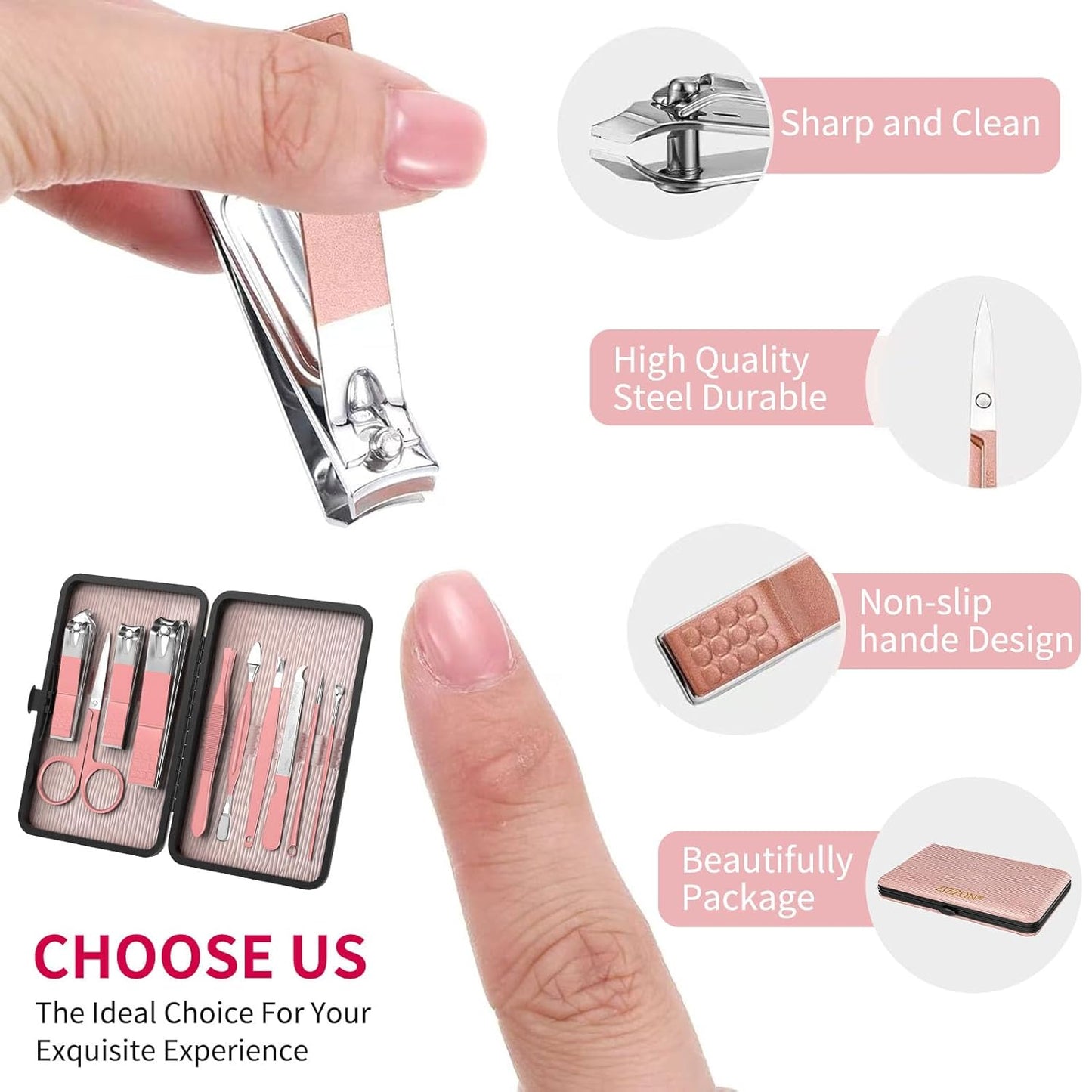 ZIZZON Travel Mini Manicure Set Nail Clipper Set 10 in 1 Stainless Steel Pedicure Care Grooming kit with Case Pink