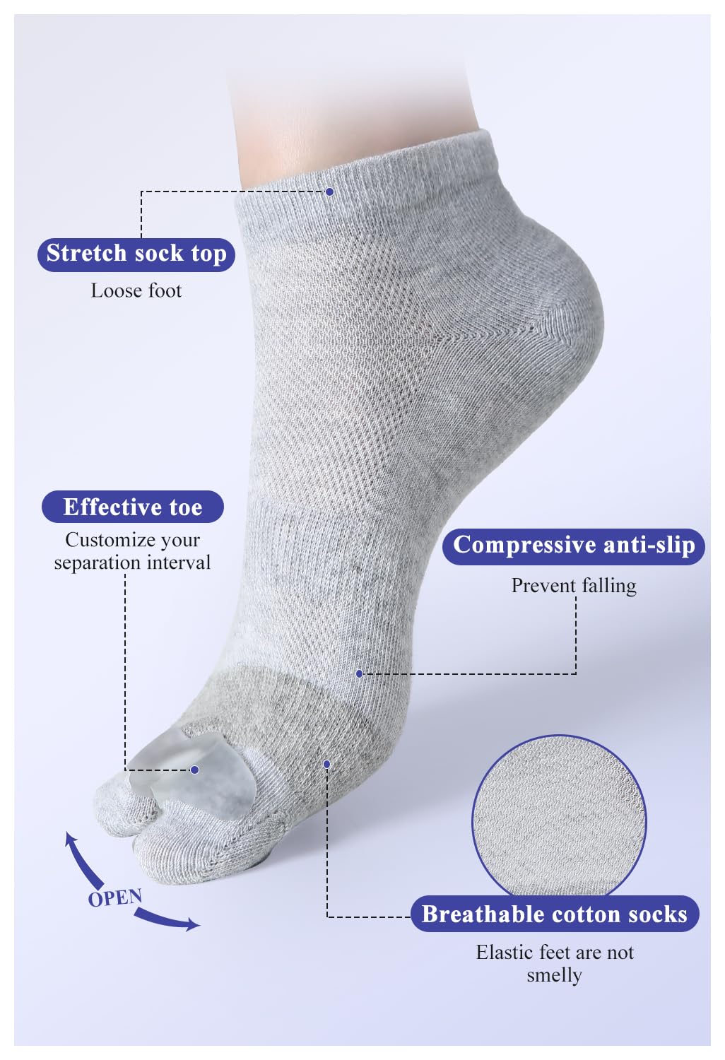 Happy Feet Alignment Socks, Adjustable Yoga Toe Separators For Men Women, Wearable On The Go,Gray L