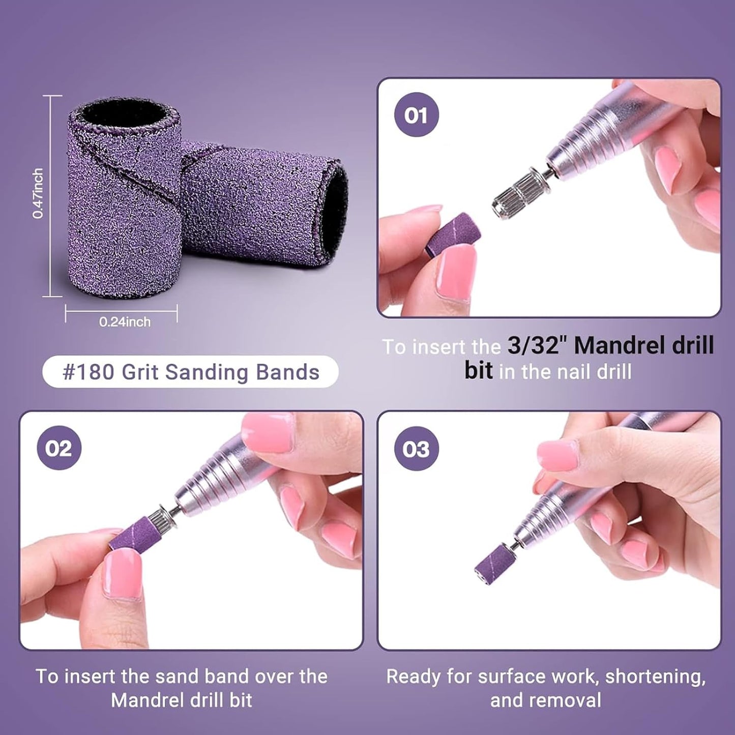 MelodySusie 100 Pcs Nail Drill Bits Sanding Bands for Nail Drill 180 Fine Grit Nail File Sanding Bands for Acrylic Nails Gel Manicures and Pedicure