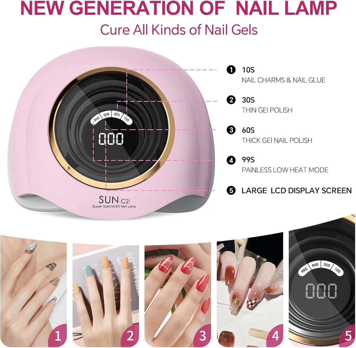 288W Professional UV LED Nail Lamp with 63 Beads - Fastest Gel Curing Dryer for Home & Salon, Smart Sensor, LCD Display & 4 Timers, Pink Salon-Grade Light