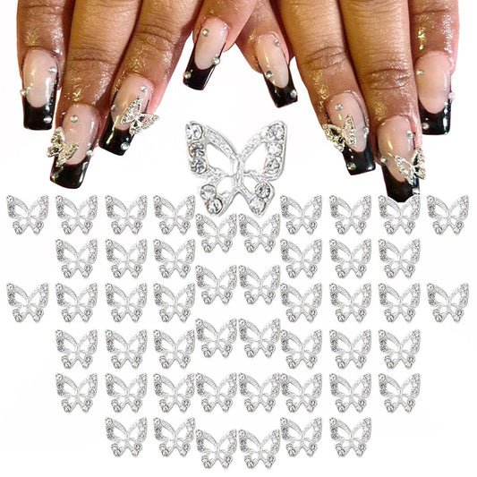 48pcs Silver Butterfly Nails Charms Bulk 3D Rhinestones Alloy Studs Nail Art Jewels Diamonds Gems Decor Supplies