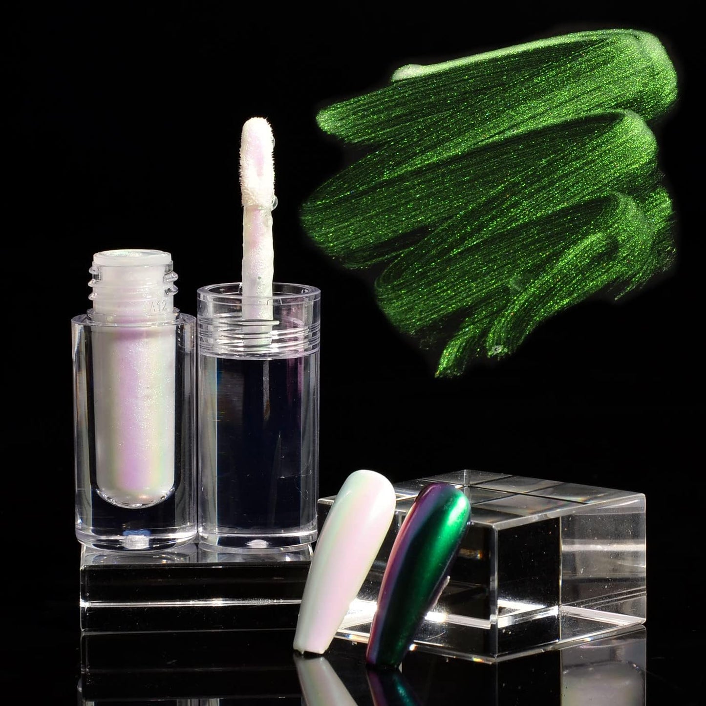 Chrome Nail Powder Aurora Mirror Effect Mermaid Pearl Glitter Iridescent Gel Nail Polish for Nail Art DIY Decoration (Green Iridescent)