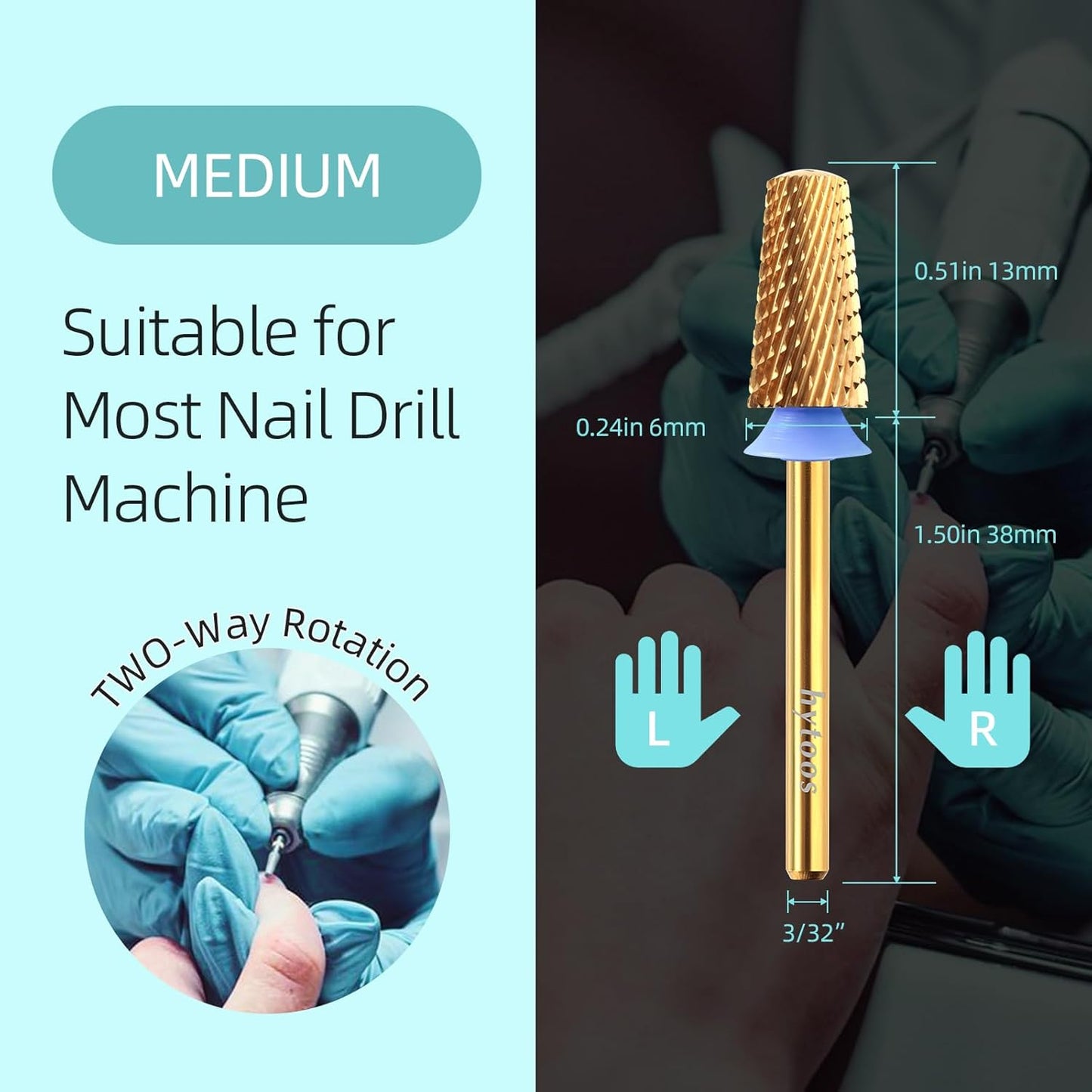Safety Tapered Nail Drill Bits,Titanium Coating Rounded Barrel Carbide Nail Bit, 3/32 Two-way Rotate Drill Bits for Nails, Manicure Drills Files Accessories Remove Gel Tool, Medium