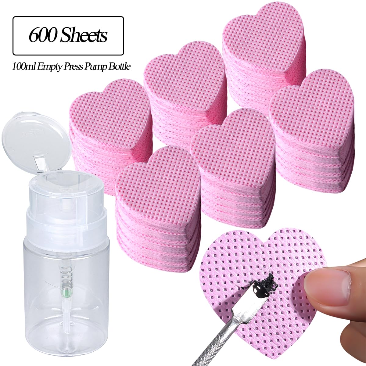 600PCS Lint Free Nail Wipes with 100ml Empty Press Pump Bottle,Gel Polish Remover Clean Cotton Pads and Acetone Dispenser,Non-Woven Fabric Eyelash Glue Wipes Paper with Refillable Bottle for Nail Art