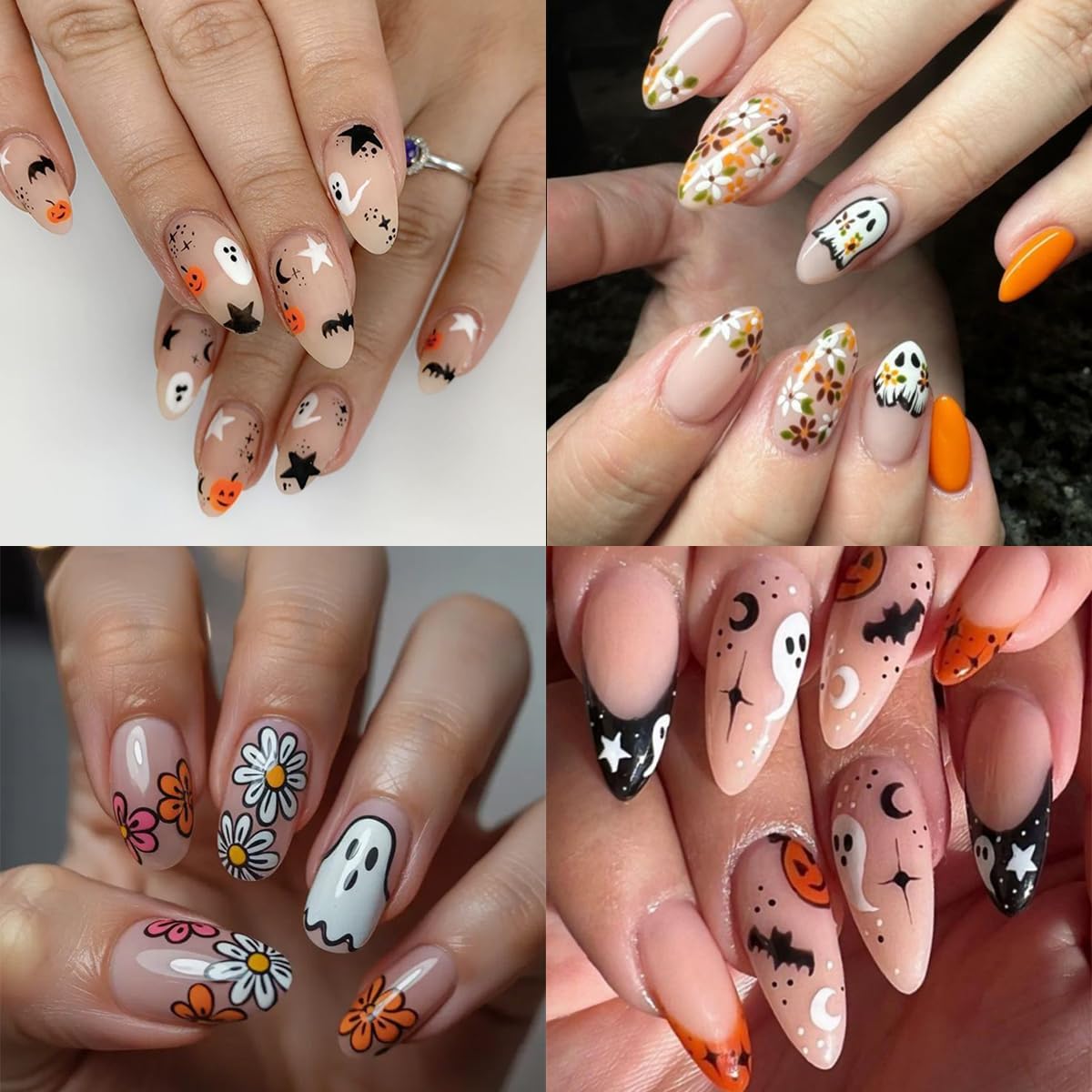 6 Sheets Halloween Nail Stickers Cute Ghost Pumpkin Nail Decals 3D Self-Adhesive Star Spider Bat Flowers Nails Stickers Fall Halloween Nails Art Supplies for Women Holiday DIY Manicure Decorations
