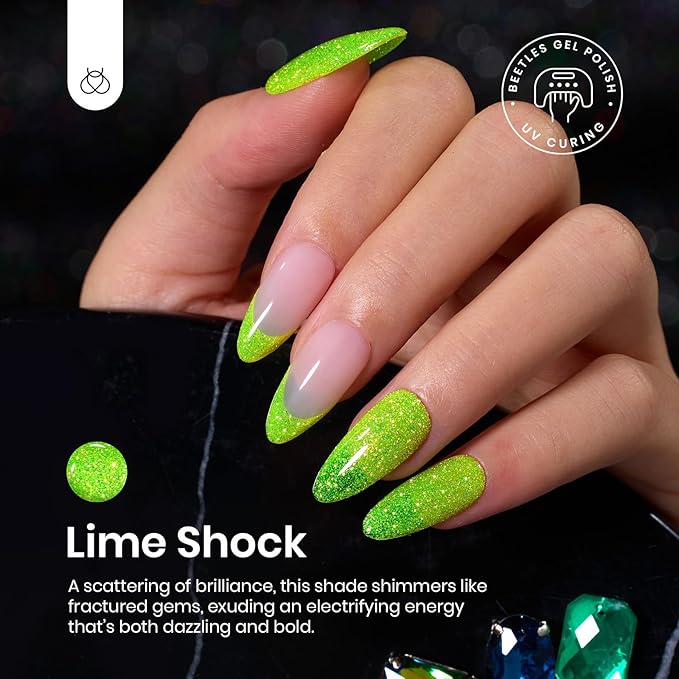 beetles Gel Polish Green Glitter Gel Nail Polish 0.51OZ Reflective Nail Art Manicure Salon DIY at Home UV LED Needed Gifts for Women Lime Shock