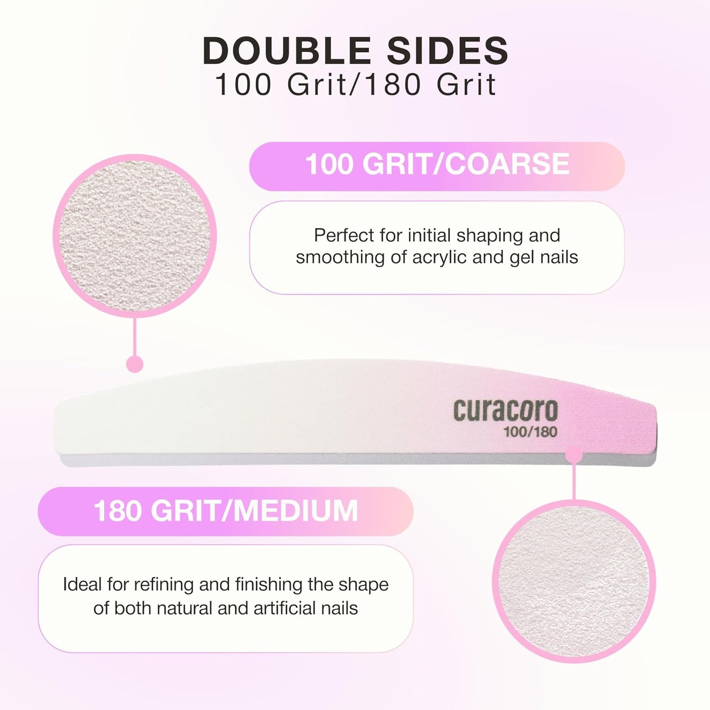 Curacoro 10 PCS Nail File - Professional Half-Moon Nail Files Double Sided Emery Board (100/180 Grit), Washable Nail Files and Buffers, Smooths & Shapes Nails, Manicure & Pedicure Buffing Tools