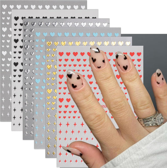 6Sheets Heart Nail Art Stickers, Hearts Stars Nail Decals for Women Valentines Nail Art Supplies 3D Black White Gold Silver Blue Red Heart Stickers for Nails Design Sticker DIY Manicure Decoration