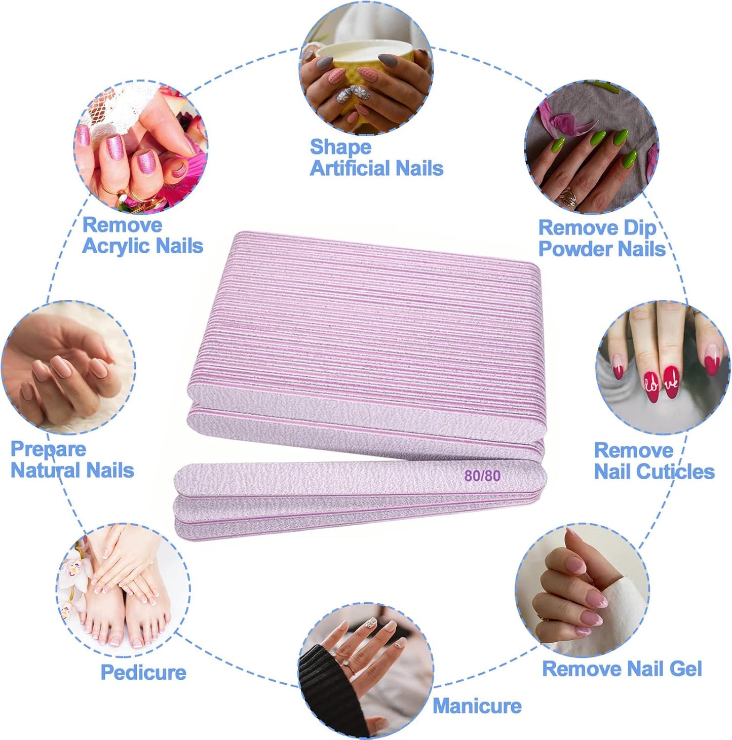 80/80 Grit Nail Files (50 Pcs), Emery Boards for Acrylic Nails and Gel Nails, Coarse Nail File Double Sided 80 Grits Emory Professional Nail Filers Pack Reusable Washable Manicure Gray
