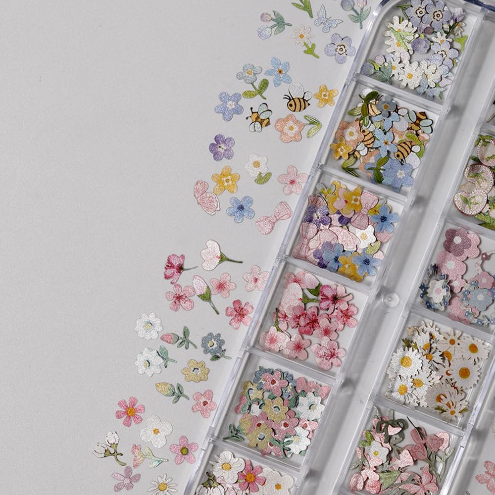 300Pcs 3D Flower Nail Art Charms Sequins Decals Colorful Mixed Flowers Leaves Butterfly Design Slice Nail Flowers Ultra Wood Pulp Flakes Sequins