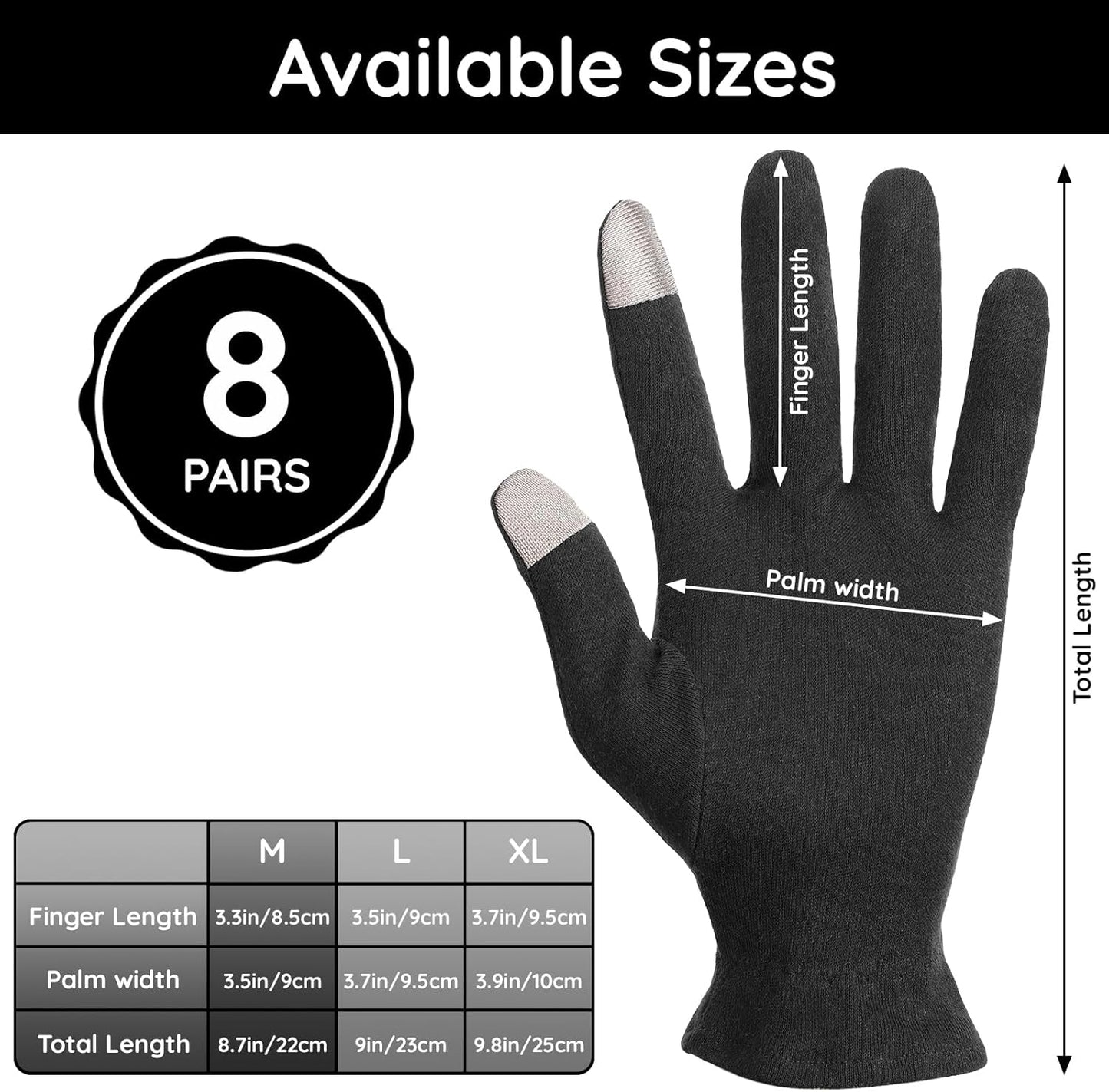 Segbeauty 16 Counts Elastic Cotton Work Gloves Black with Touchscreen Fingers, 8 Pairs Sleep Moisturizing Lotion Gloves Overnight for Women with Elastic Band, Spa Cotton Working Glove for Hand Care